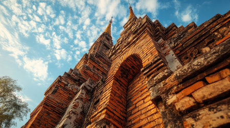 Low-angle shot of Thapae Gateaes iconic red brick wall, showcasing the detailed craftsmanship and history of Chiang Mai.の素材