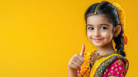 Indian girl in traditional clothing, showing thumbs up and pointing to the right, ideal for commercial ad space. Yellow background.の素材