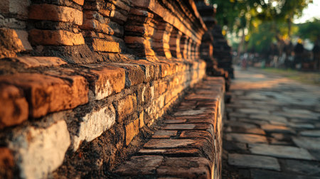 Dramatic angle of the brick wall at Thapae Gate, Chiang Mai, capturing the historical depth and architectural detail.の素材