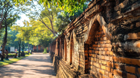 Side perspective of Thapae Gateaes iconic red brick wall, showcasing the architectural detail and cultural heritage of Chiang Mai.の素材