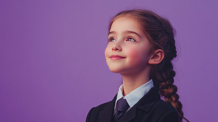 Preteen girl in school uniform, gazing away with a dreamy expression, smiling softly. Ideal for promotional and educational content. Lilac violet background.の素材