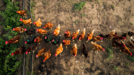 Bird's-eye view of a chicken farm's fence line, with chickens curiously exploring their boundaries.の素材