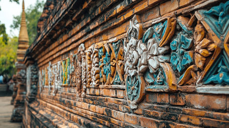 Dramatic angle of Thapae Gateaes brick wall in Chiang Mai, Thailand, focusing on the intricate patterns and vibrant color.の素材