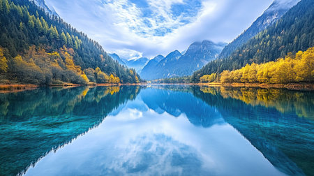 The calm, reflective waters of a lake at Jiuzhaigou National Park, mirroring the vibrant landscape and sky.の素材