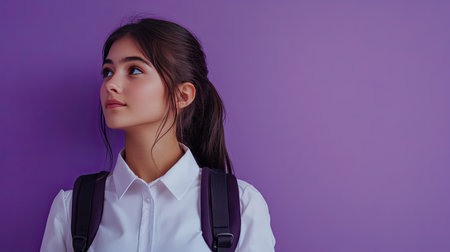 Thoughtful Latin girl in school uniform, standing with a backpack, gazing away with a dreamy expression. Great for educational themes. Lilac violet background.の素材