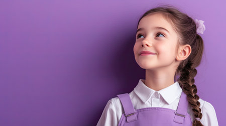 Smiling preteen girl in school uniform, daydreaming and looking to the side. Perfect for showcasing products or services for kids. Lilac violet background.の素材