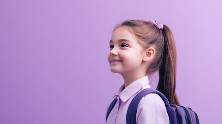 Smiling preteen girl, wearing a school uniform and backpack, looking off into the distance. Perfect for promotional and educational content. Lilac violet background.の素材