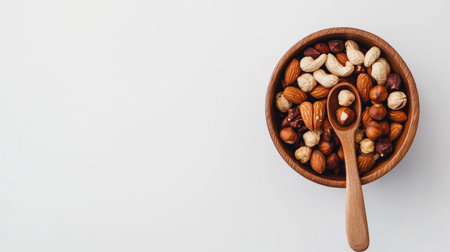 A wooden bowl filled with mixed nuts and a spoon, viewed from above on a white background. Copy space available for text or branding.の素材