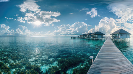 Scenic panorama of a wooden jetty leading to luxurious water villas in the Maldives, surrounded by the clear, tranquil waters of the Indian Ocean on a sunny day.の素材