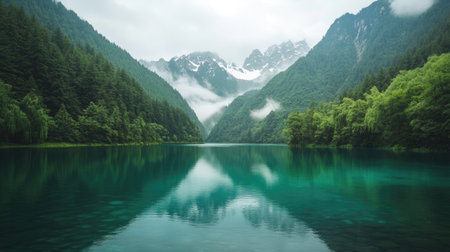The calm, turquoise waters of a lake at Jiuzhaigou National Park, surrounded by lush forests and snow-capped peaks.の素材