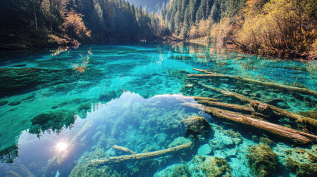 The vibrant turquoise waters of Panda Lake in Jiuzhaigou Valley, with fallen logs and rocks visible beneath the surface.の素材