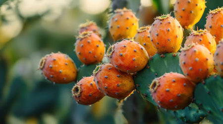 Detailed close-up of Opuntia ficus-indica fruits in their bright orange hue, growing on the island of Gozo, Malta, capturing the rich textures of the cactus pear.の素材