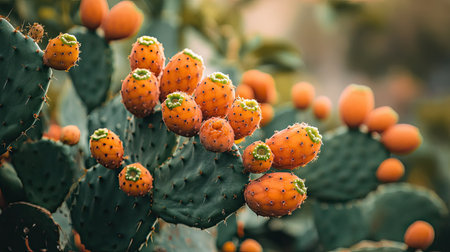 Close-up shot of ripe orange Opuntia ficus-indica fruits on the island of Gozo, Malta, showcasing the vibrant colors and textures of this iconic Mediterranean cactus.の素材