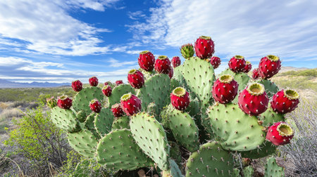 Giant prickly pear cactus laden with ripe red fruits in Saguaro National Park, Arizona, captured against a backdrop of the vast, arid desert landscape.の素材