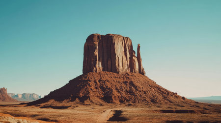 Detailed view of a butte in Monument Valley, Arizona-Utah, highlighting the deep red rock layers and erosion patterns carved by time and nature under the vast desert sky.の素材