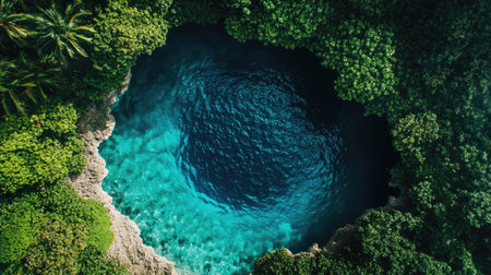 Looking down from a boat at the clear waters of a Blue Hole at Ratua Private Island, Vanuatu. The deep, dark blue center is mesmerizing.の素材
