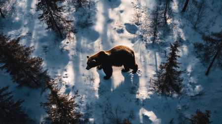 Top view of a bear silhouette against a snowy forest background, showcasing the majestic presence of a wild bear in its natural habitat.の素材