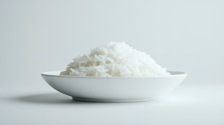 A serving of white rice on a pristine white dish, placed against a white background, offering a serene and understated visual appeal.の素材