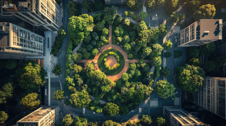 Top view of a city with lush green spaces, parks, and gardens, contrasting with the urban environment and creating a serene escape.の素材