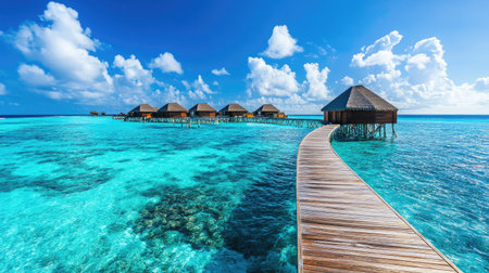 Panorama of a tropical paradise in the Maldives, featuring water bungalows and a wooden walkway stretching out into the calm, turquoise ocean on a sunny day.の素材