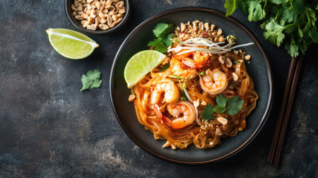 Top view of a traditional Pad Thai dish with rice noodles, shrimp, bean sprouts, and crushed peanuts, garnished with lime wedges and cilantro.の素材