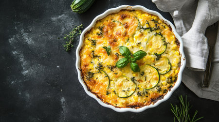 Top view of a warm corn and zucchini gratin, baked to perfection with a golden cheesy crust and fresh herbs.の素材
