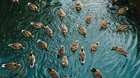 Top view of a duck farm pond with dozens of ducks swimming, creating ripples and reflections in the water.の素材