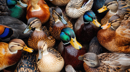 Top view of a group of ducks in a breeding pen, with a variety of different breeds and colors, highlighting diversity.の素材