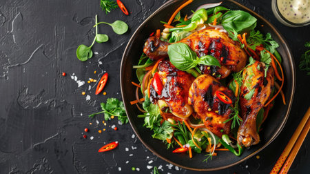 Top view of a sweet and spicy papaya salad with fresh herbs, served with char-grilled chicken drumsticks.の素材