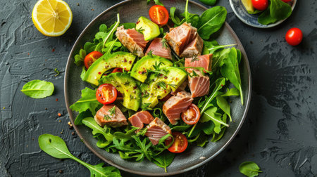 Top view of a tuna and avocado salad with mixed greens, cherry tomatoes, and a lemon herb dressing.の素材