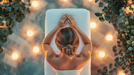 Top view of a woman lying on a massage table, enjoying a relaxing anti-stress massage with soft candlelight ambiance at a luxury resort spa. Serene and pampered.の素材