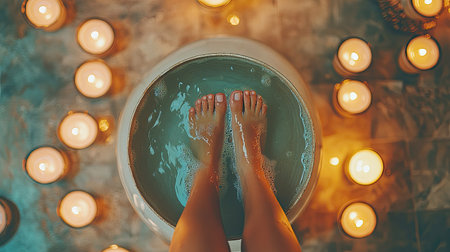 Top view of a woman indulging in a calming foot soak, surrounded by candles in a luxurious spa. Pampering and relaxation in a serene setting.の素材