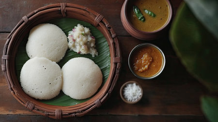 Top view of a traditional Indian breakfast with idli, sambar, coconut chutney, and a cup of masala chaiの素材