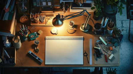 Top view of a task lamp with a bright LED bulb, perfect for detailed work on a craft table.の素材