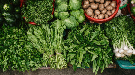 Top view of a traditional Thai vegetable market display with bundles of fresh green leafy vegetables and herbsの素材