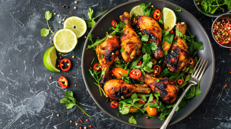 Top view of a sweet and spicy papaya salad with fresh herbs, served with char-grilled chicken drumsticks.の素材