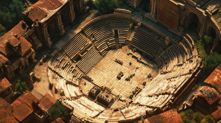 Top view of an ancient city with a well-preserved amphitheater, surrounded by rows of seats and a stage area.の素材