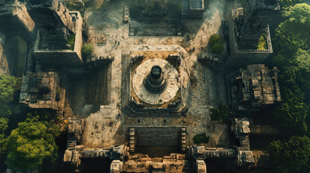 Top view of an ancient cityaes temple complex, with large ceremonial platforms, altars, and surrounding ruins.の素材