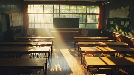 Top view of an empty classroom with neatly arranged desks and chairs, sunlight streaming through the windows, and a clean chalkboard ready for lessons.の素材