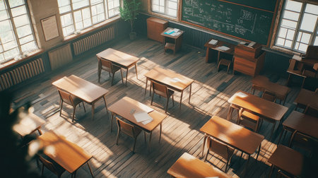 Top view of an empty classroom with wooden desks and chairs, a chalkboard with neatly written notes, and a bright, spacious layout.の素材