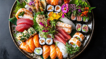 Top view of an elegant sushi platter with an array of nigiri, sashimi, and rolls, decorated with microgreens and edible flowers.の素材