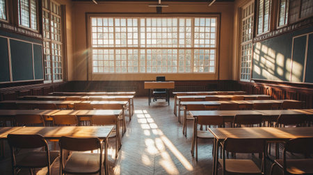 Top view of an empty classroom with rows of desks, a teacher's desk at the front, and sunlight streaming in through large windows.の素材