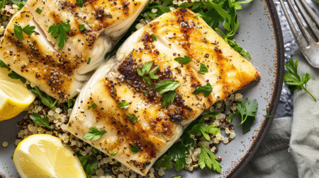 Top view of grilled fish fillets with a garlic herb rub, served with a side of quinoa salad and fresh parsley.の素材
