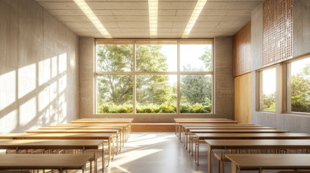 Top view of an empty classroom with rows of wooden desks, a large window casting natural light, and a bright, airy atmosphere.の素材