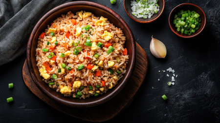 Top view of garlic fried rice with crispy garlic slices, mixed vegetables, and scrambled eggs, garnished with green onions.の素材