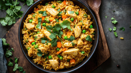 Top view of curry fried rice with chicken, peas, and carrots, flavored with curry powder and garnished with cilantro.の素材