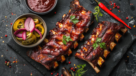 Top view of grilled ribs with a smoky barbecue rub, served with a side of pickled vegetables and a small bowl of sauce.の素材
