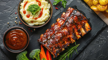 Top view of grilled ribs with a crispy exterior, served with a side of creamy mashed potatoes and steamed vegetables.の素材