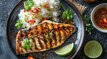 Top view of grilled fish fillets with a spicy tamarind sauce, served with a side of jasmine rice and a wedge of lime.の素材