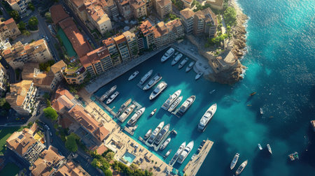 Top view of a coastal city with a beautiful harbor, yachts docked along the marina, and a blend of modern and traditional buildings.の素材